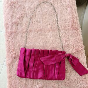 White House Black Market Pink Purse W/Chain Strap, Zipper Close & Side Bow